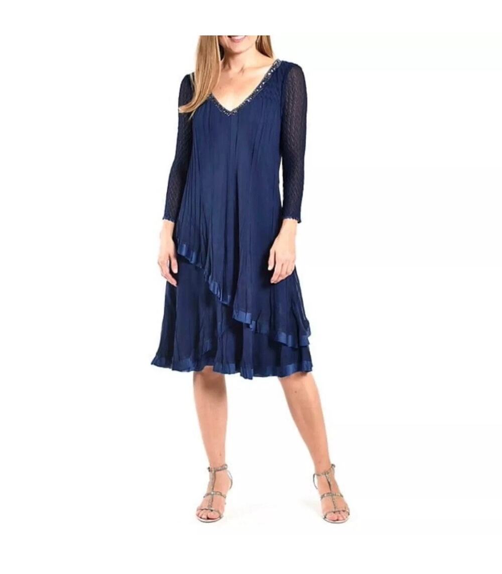 Komarov Navy Blue Beaded V-Neck Long Sleeve Swing Cocktail Dress Plus Size 3X